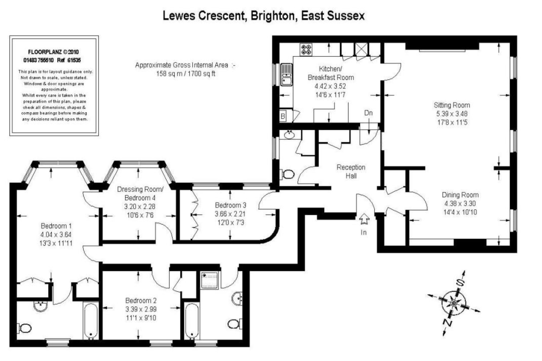 Floorplan showing approximate gross internal area of 1,700 sq ft / 158 sq m